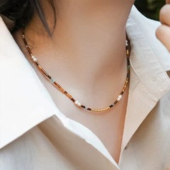 Barrel Beads Long Tiger Eye Pearl Necklace
