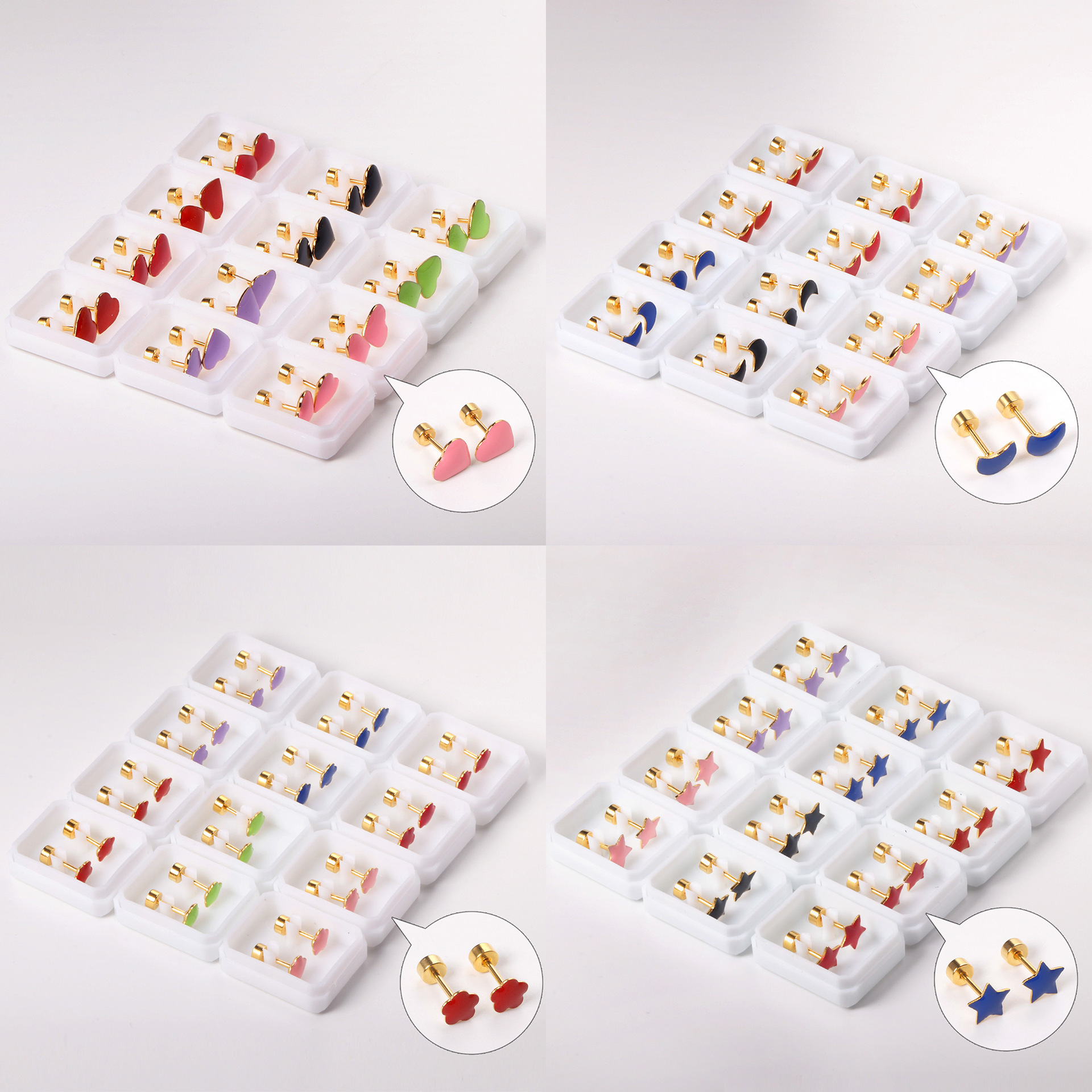 Stainless Steel Screw Back Earrings For Women Sweet Heart-shaped Star Moon Stud Earrings Fashion Bohemian Floral Print Jewelry Accessories