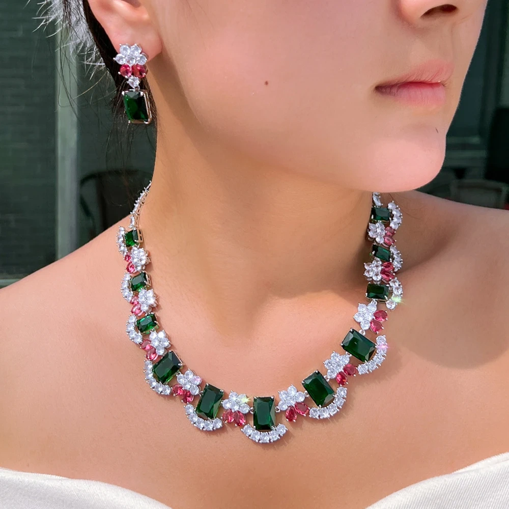 Two-Piece Copper Jewelry Set Vintage Multicolor Cubic Zirconia Luxurious Oversized Necklace And Earrings Set Suitable For Women Bridal Party Wedding Decoration Jewelry