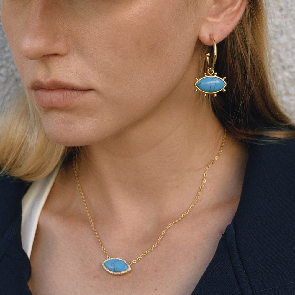 Ladies Vintage Style 18K Gold Plated Stainless Steel Turquoise Evil Eye Pendant Necklace Blue Lapis Lazuli Devil Eye Jewelry