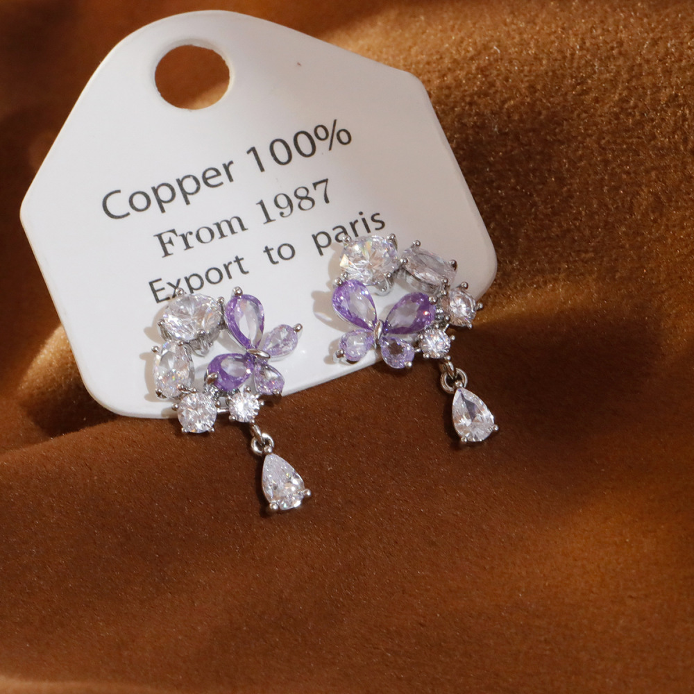 French Romantic Purple Flower Women's Earrings Ultra Sparkling Luxury Zircon Studs Versatile Fashion Jewelry Accessories
