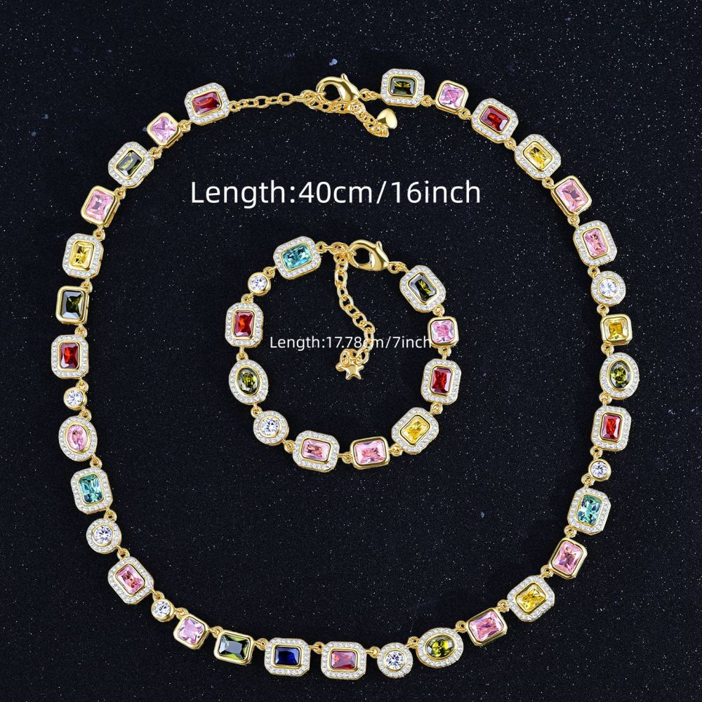 Colorful Gemstone Jewelry Set For Men And Women Hip Hop Style Zircon Necklace And Bracelet Popular Trendy Jewelry Accessories
