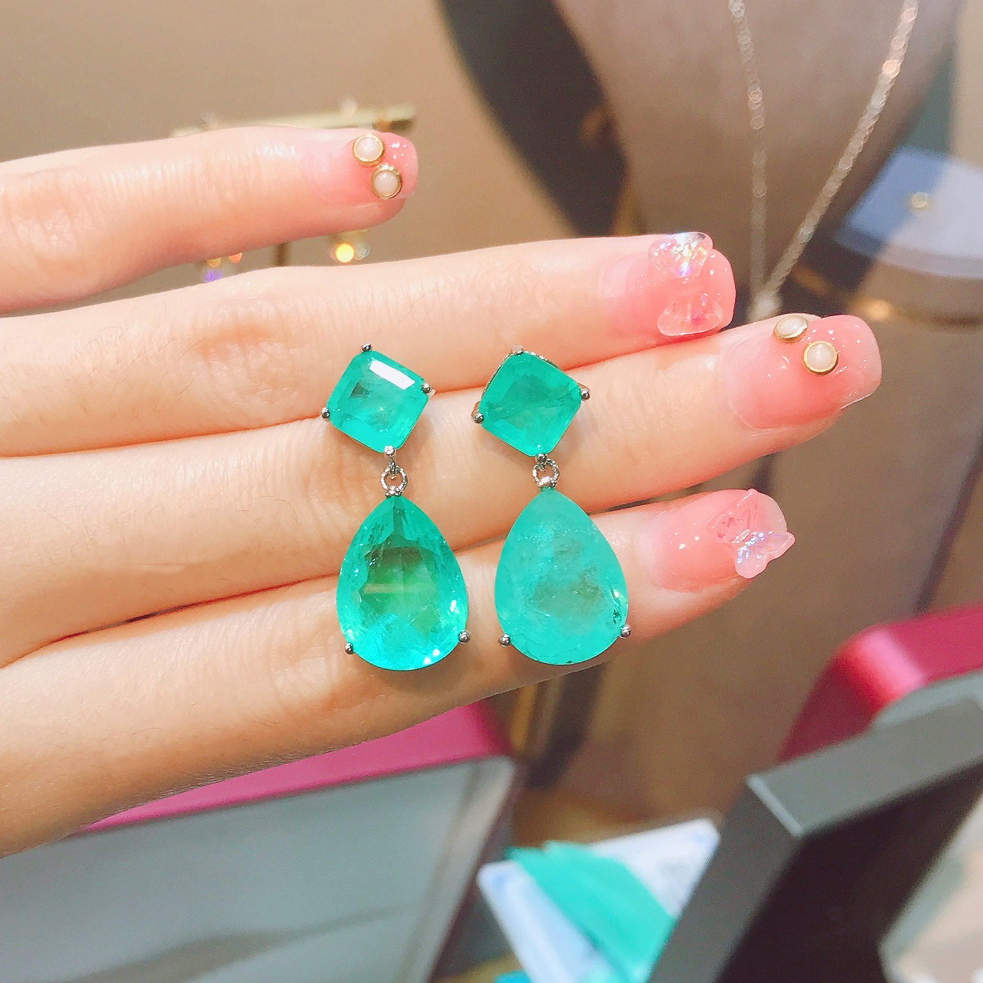 Simple Blue Water Drop Simulation Emerald Copper Earrings Wholesale