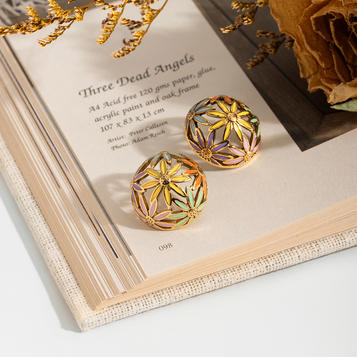 Women's Style - Sweet Style / 18K Gold Stainless Steel + Oil Drop / Colorful Oil Drop Hollow Ball Flower Earrings Pair