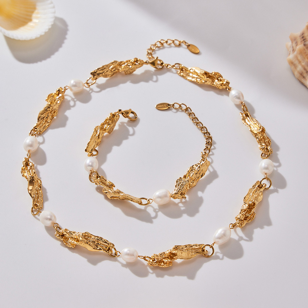 Freshwater Pearl Irregular Heavy Craft Accessories Bracelet Necklace Stainless Steel 18k Gold Plated  Style Exaggerated Jewelry