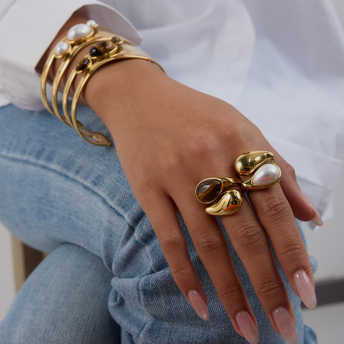 Natural Stone Hollow Titanium Steel Open Bracelet Women Non-Fading Jewelry Stainless Steel Ring Best-selling Accessories