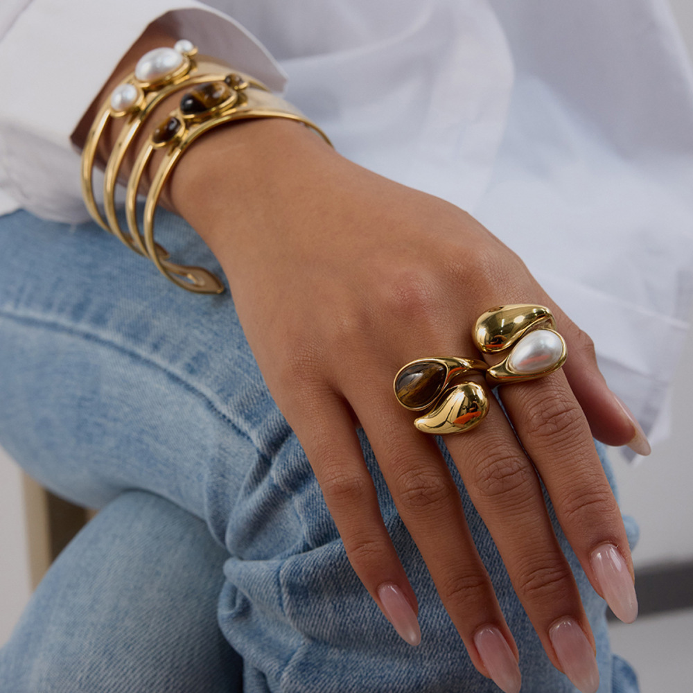 Natural Stone Hollow Titanium Steel Open Bracelet Women Non-Fading Jewelry Stainless Steel Ring Best-selling Accessories