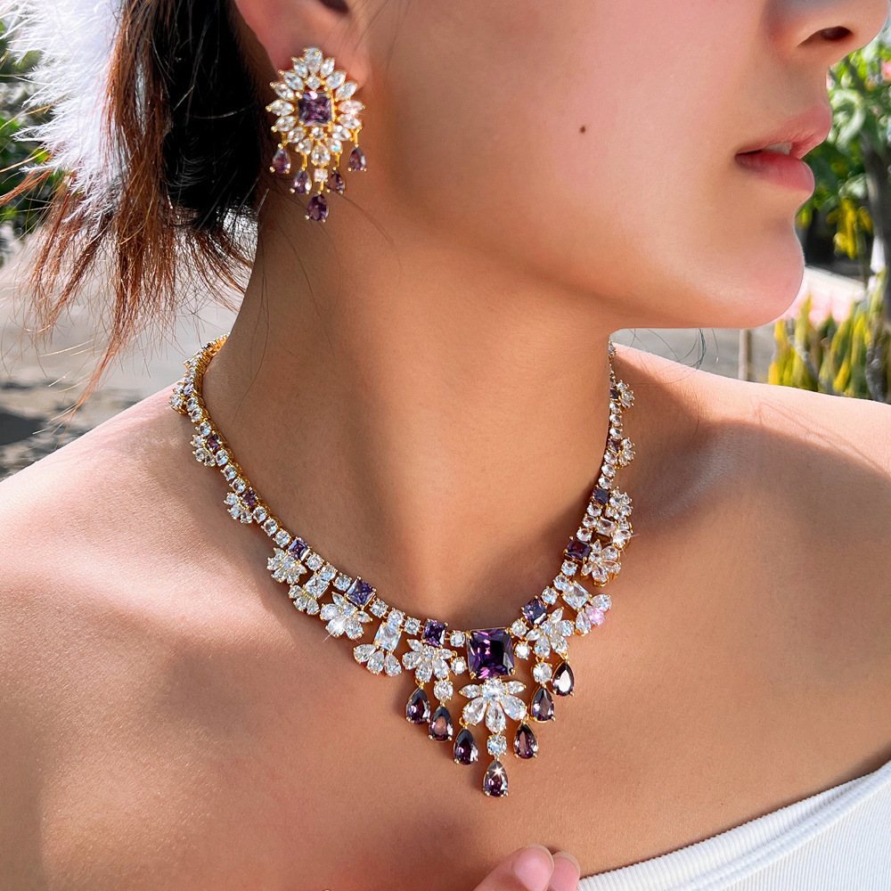 Elegant Copper Wedding Jewelry Set Sparkling Zircon Necklace Earrings Dinner Party Accessories Suitable For Women To Wear On Weddings Or Parties