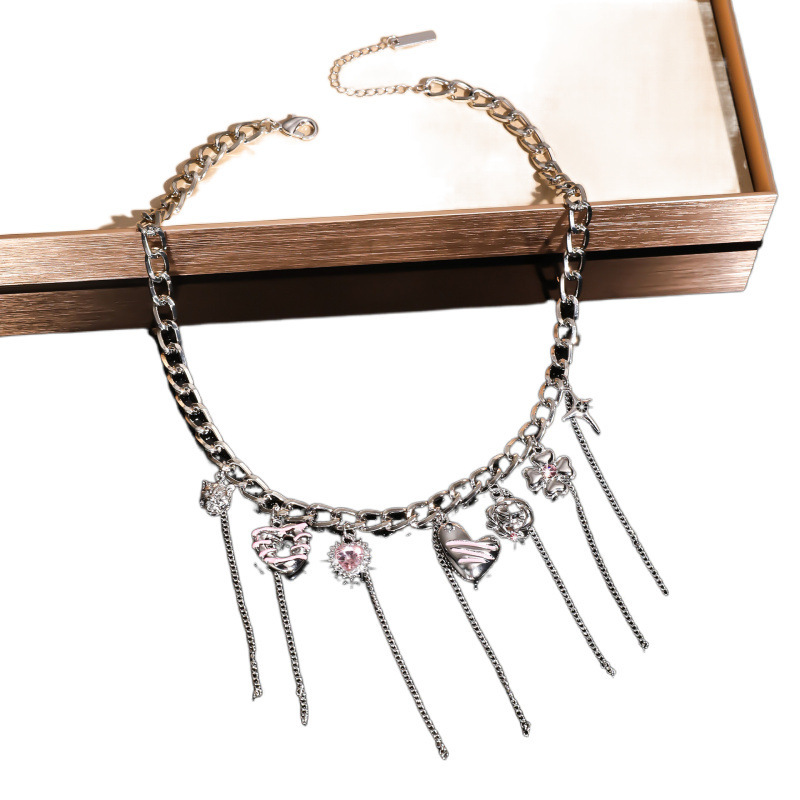 Pink Heart-shaped Tassel Chain Mosaic Necklace For Women Unique Design Cool Clavicle Chain Jewelry Accessories