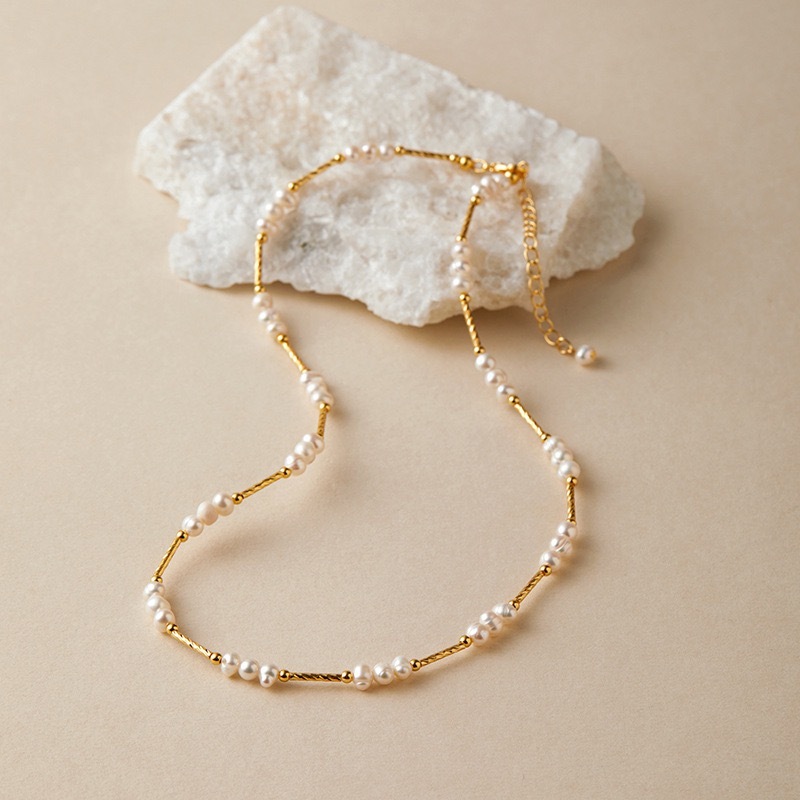 Natural Freshwater Pearl Set Necklace Vintage Style Classic Bracelet Real Gold Plated Brass