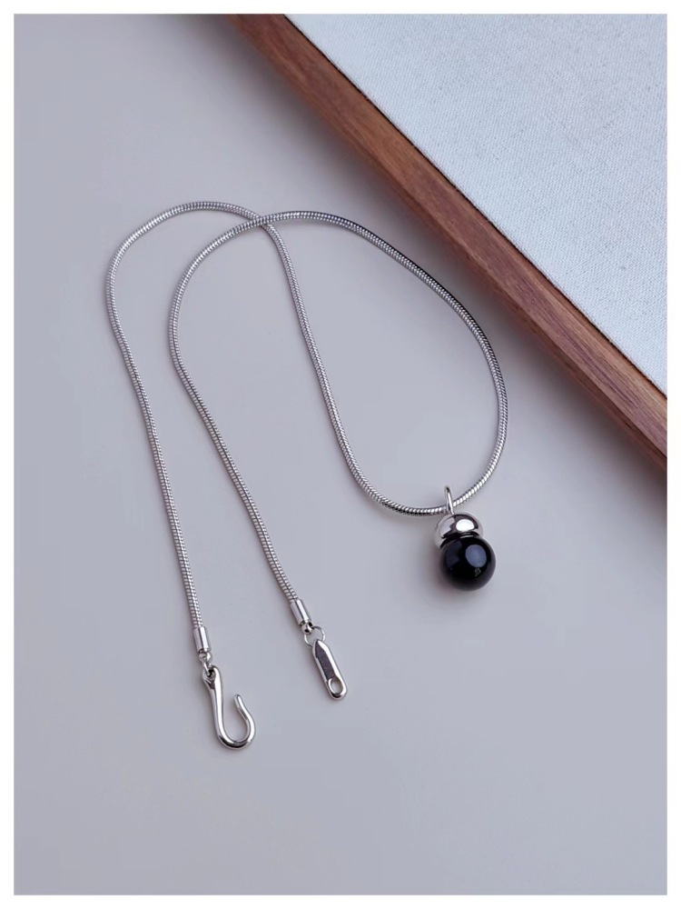 Snake Bone Chain Necklace With Natural Black Agate Pendant For Women Winter Accessories Sweater Chain
