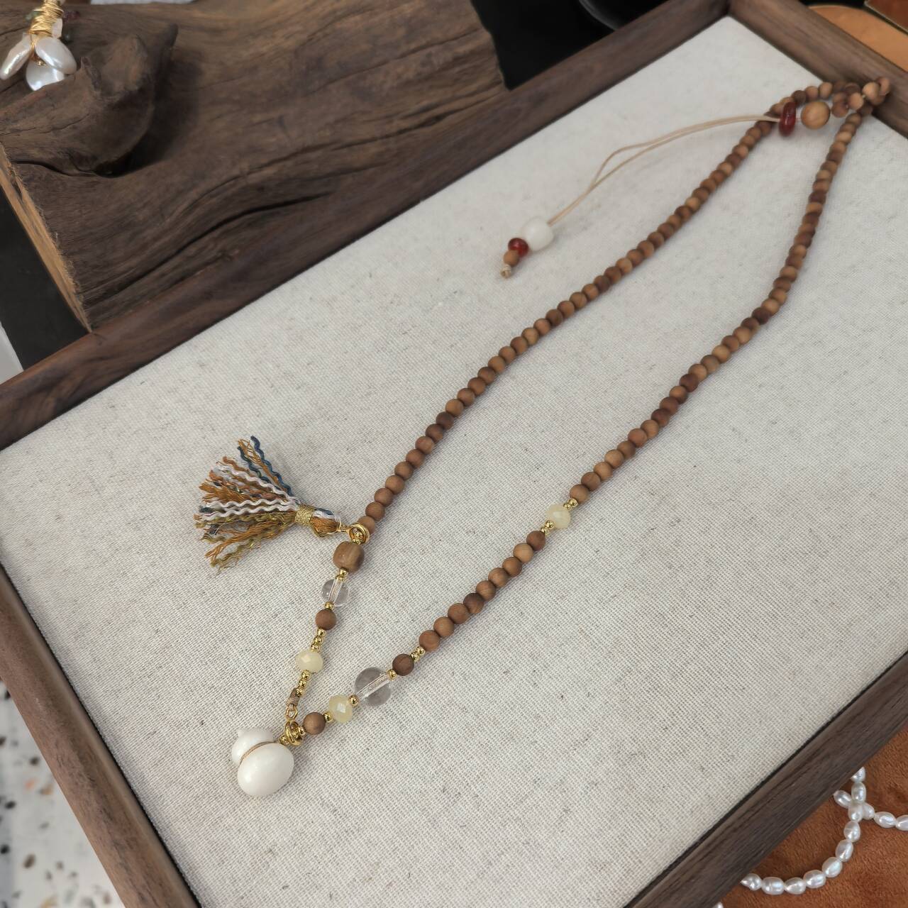 New Chinese Style Long Necklace With White Crystal Camel Bone Ivory Gourd Sandalwood Accessories Drawstring Design For Cheongsam