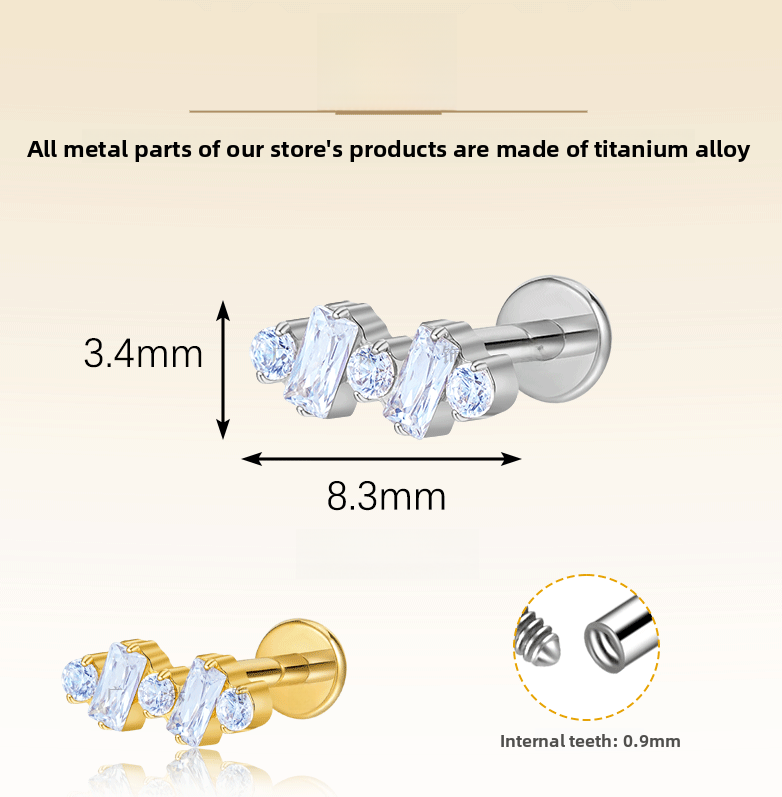 Titanium Alloy F136 Round And Square Diamond Stud Earrings G23 Women Piercing Tongue Lip Ring Geometric Pattern Wedding Birthday