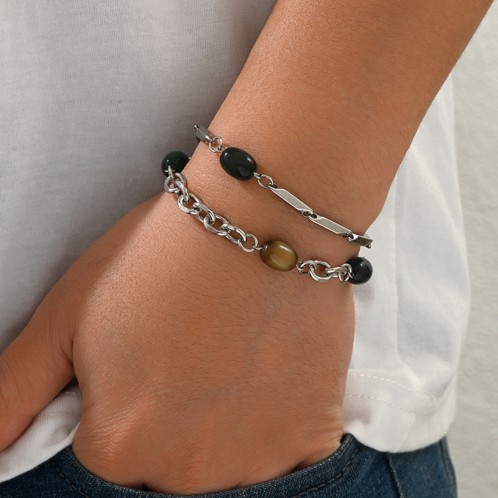 1 Piece 201 Stainless Steel Multicolor Stone Splicing Metal Chain Unisex Couple Bracelet Suitable For Couples, Best Friends, Parties, Gatherings, Vacations Jewelry Accessories