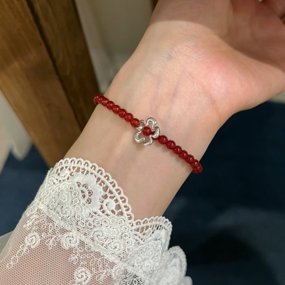 925 Sterling Silver Silver Handmade Red Agate Flower Bracelet Bohemian Elastic Cord New Year Natural Accessories