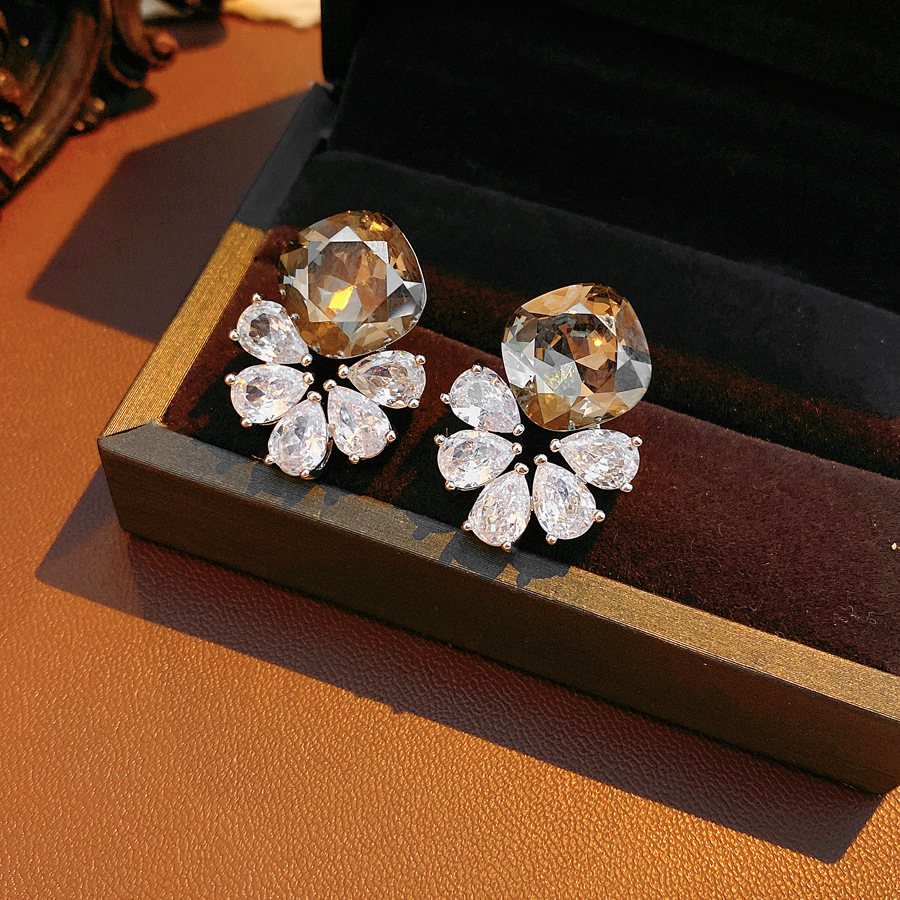 Silver Zircon Flower Water Drop Earrings Simple Iron Post Women's Jewelry Accessories