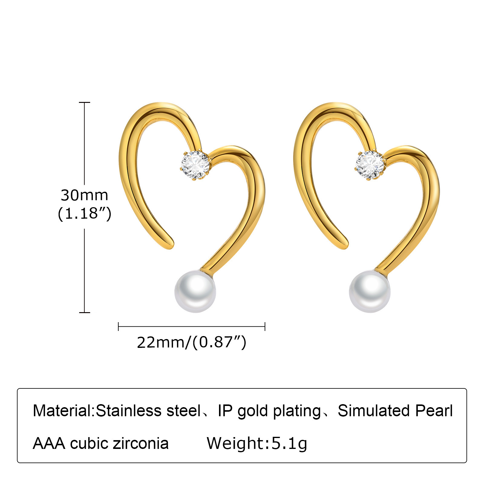1 Pair Fashion Geometric Heart Shape Inlay 201 Stainless Steel Artificial Pearls Zircon Stainless Steel Earrings