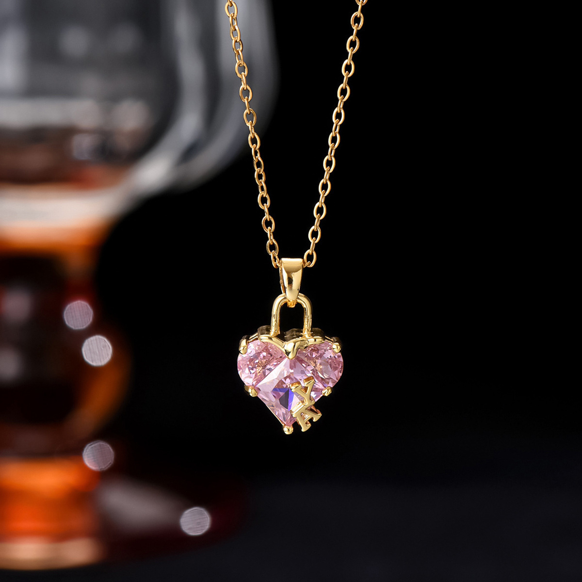 Fashionable Gold Heart Shaped Synthetic Zirconia Letter A Design Earring Necklace Set Natural Style Stainless Steel Jewelry