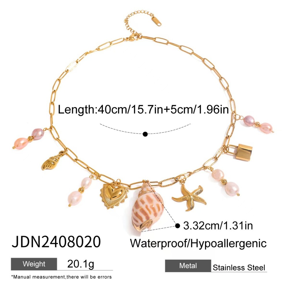 Sweet Pink Stainless Steel Heart Pearl Pendant Necklace  Style Vacation Ocean Jewelry Accessories