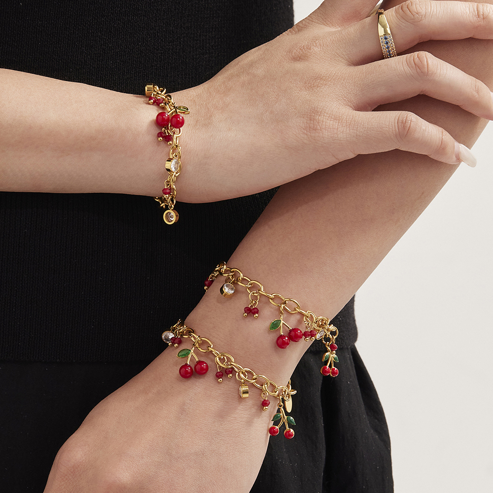 Stainless Steel Cherry Red Pearl Zirconia 18K Gold Plated Bracelet Necklace Set Versatile Personality Jewelry Accessories