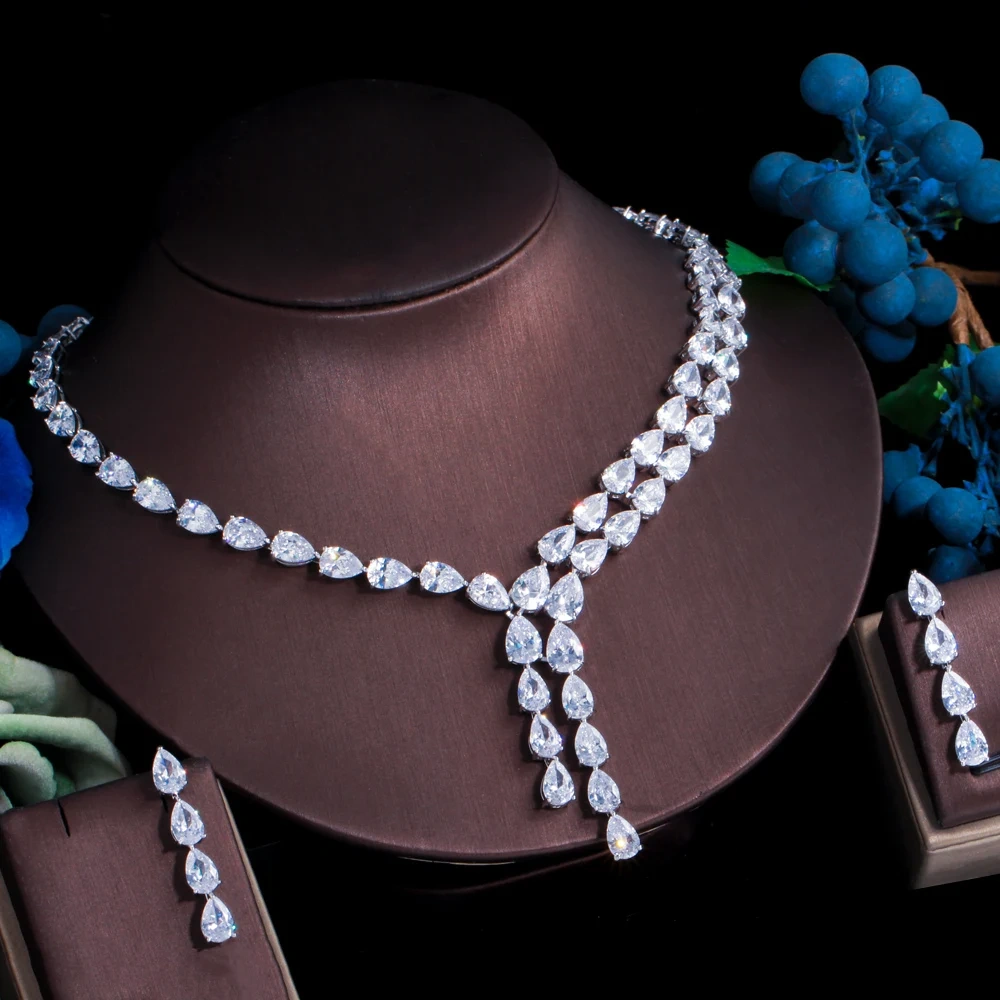 Copper Material Water Plating Simple Two-tone Splicing Water Drop Zircon Women's Necklace Earrings Set Chain Wedding Jewelry Safety Clasp 2-piece Set