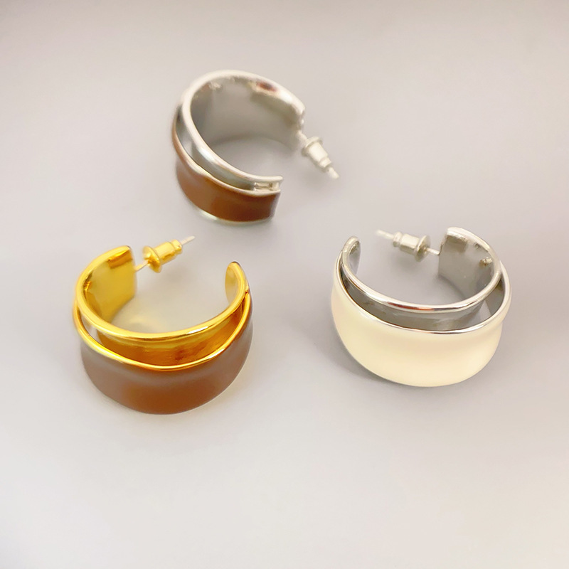 Fashionable Double Layer C-Shaped Enamel Drip Oil 925 Silver Needle Elegant Earrings Women's Jewelry Accessories Geometric Pattern