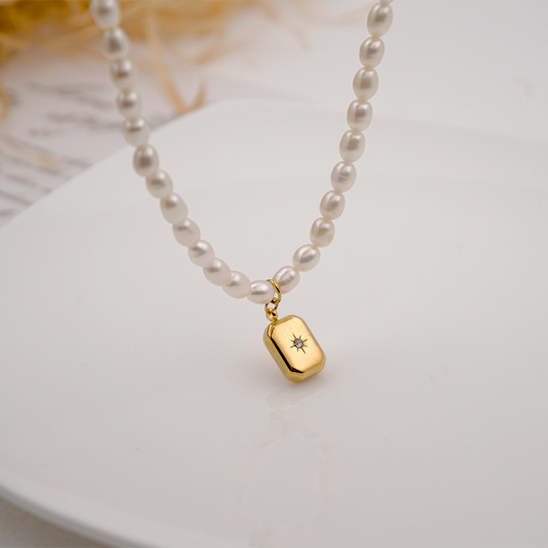 Gold Titanium Steel Water Drop Necklace Freshwater Pearl Retro Collarbone Chain Women's Jewelry Accessories