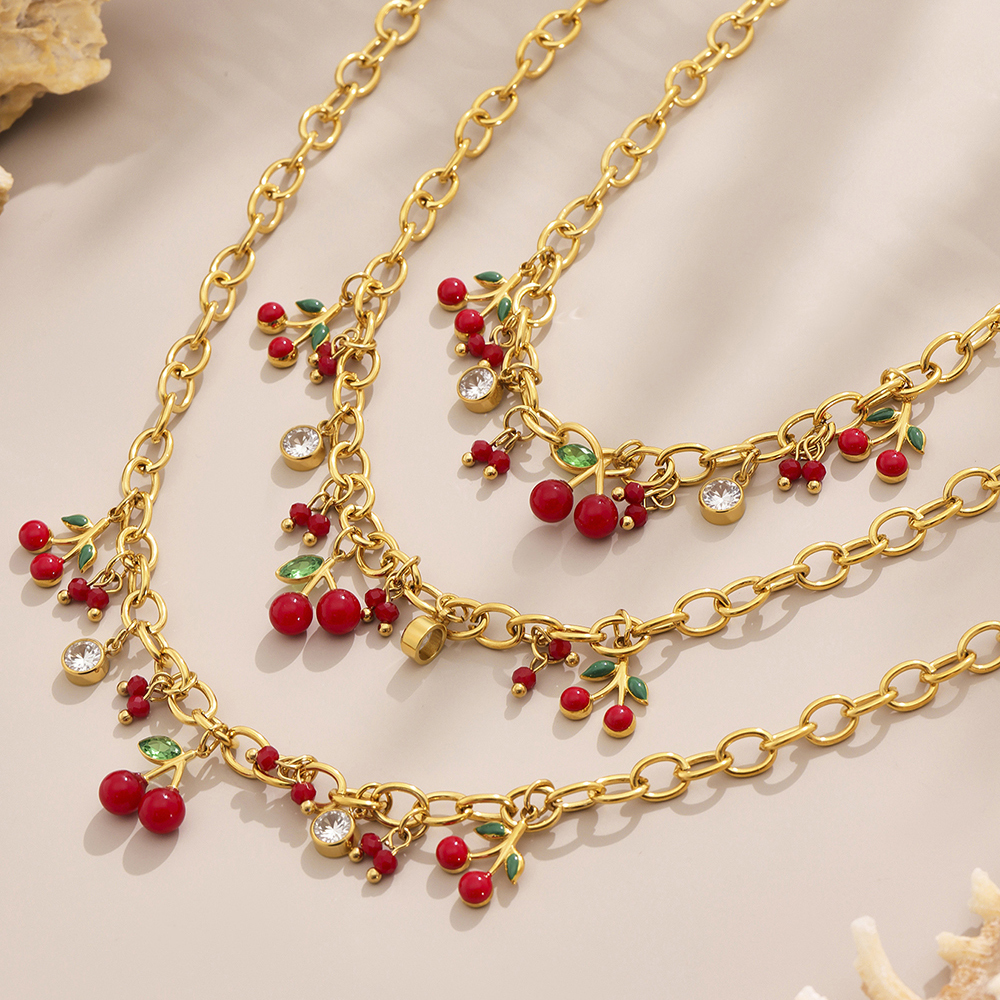 Stainless Steel Cherry Red Pearl Zirconia 18K Gold Plated Bracelet Necklace Set Versatile Personality Jewelry Accessories