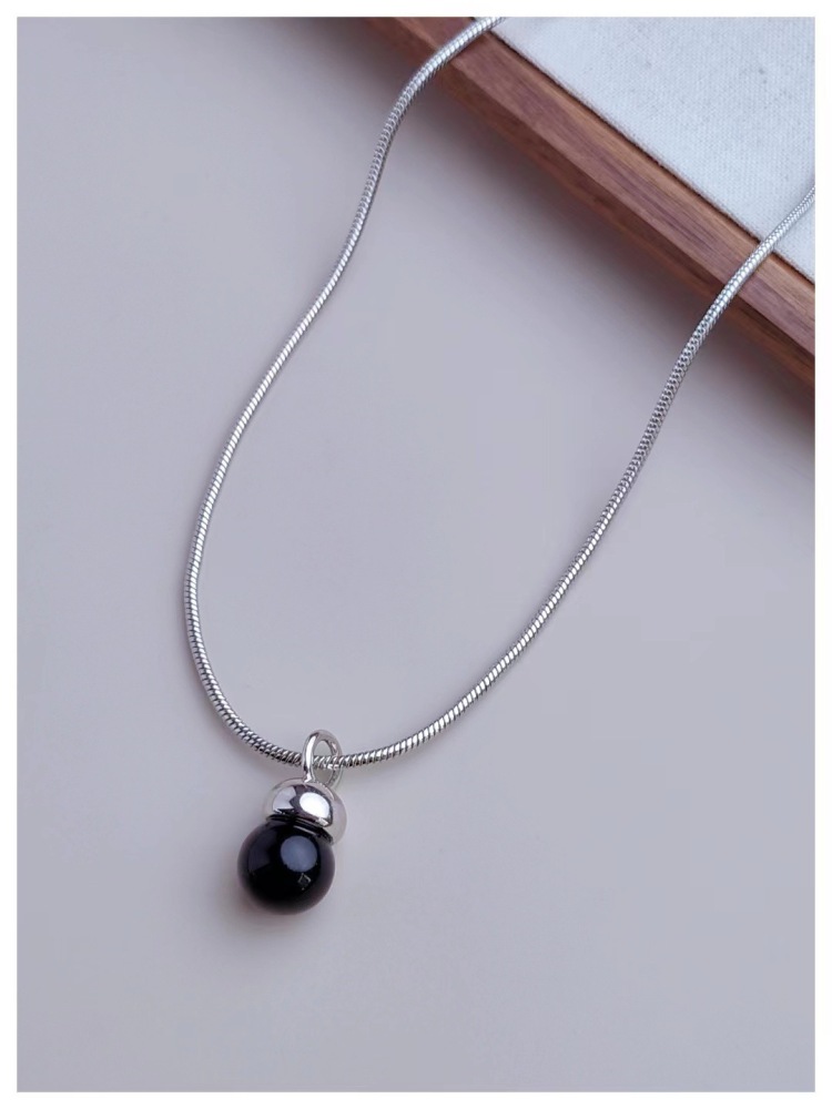 Snake Bone Chain Necklace With Natural Black Agate Pendant For Women Winter Accessories Sweater Chain