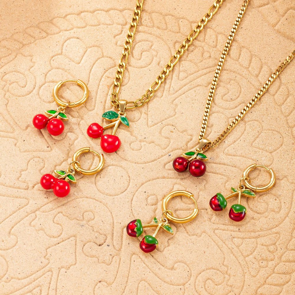 Stainless Steel Necklace And Earrings Set Red Oil Cherry Design 18K Gold Plated Titanium Metal Jewelry Accessories