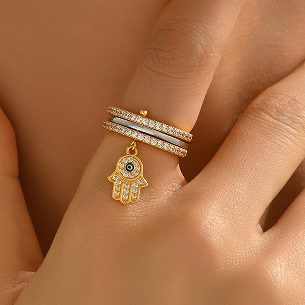 11 Pieces Copper Inlaid Zircon  Style Exquisite Fashion Daily Casual Multi-layer Ring Stacking Fatima's Hand Pendant Men Women Ring Party Holiday Banquet Jewelry Accessories