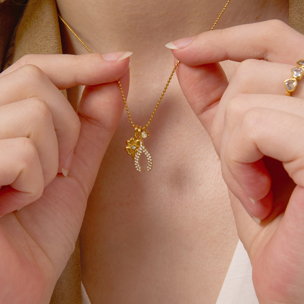 Women's Classic Style 18K Gold Stainless Steel + Zircon White Zircon Four-Leaf Clover + White Zircon Thanksgiving Lucky Wish Bone Y-shaped 3MM Round White Zircon Pendant Bead Chain Necklace 40+5
