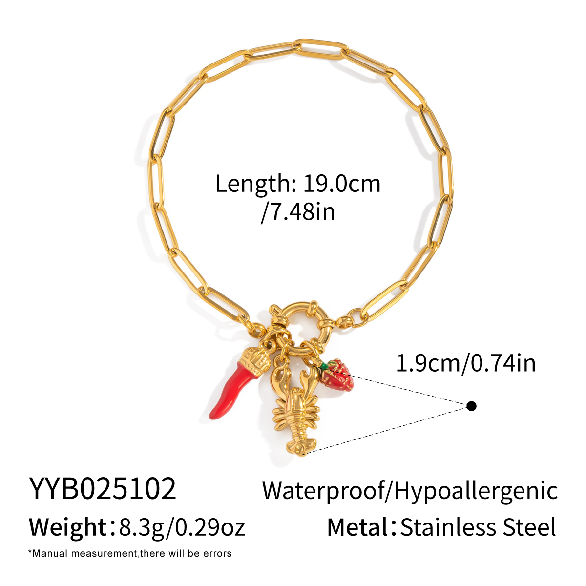 Vacation Beach Style Strawberry Pepper Lobster Bracelet DIY Jewelry Accessories Non-Fading Golden Polished Electroplated Stainless Steel