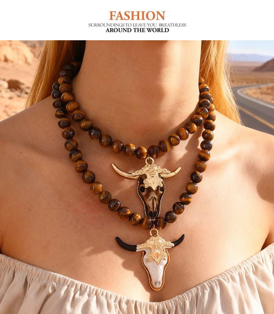 Dark Cow Head Natural Stone Beaded Necklace Unisex Daily Sweater Accessories Trendy Winter