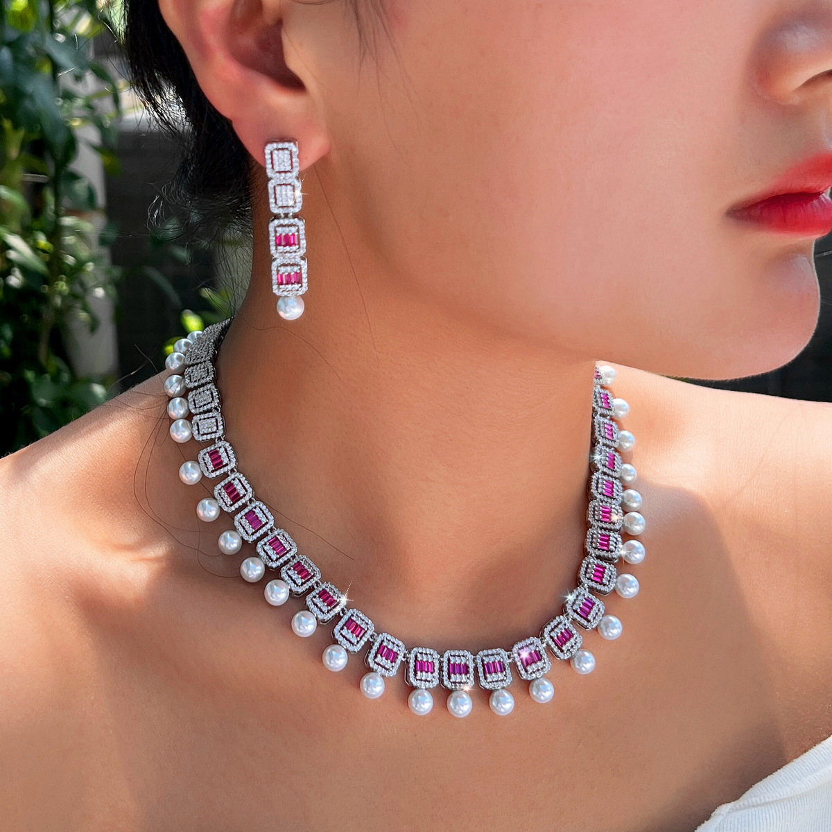 Gold Plated Bridal Jewelry Set 2 Pieces Pearl Rhinestone Necklace And Earrings Elegant Wedding Accessories For Women