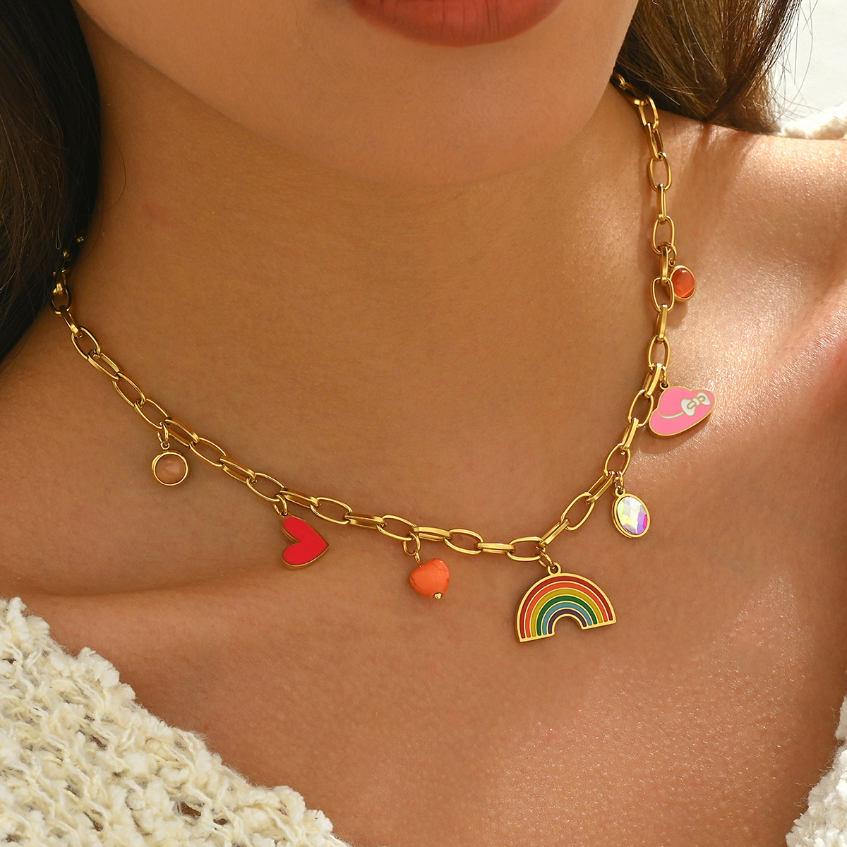 Wholesale Jewelry Casual Elegant Classic Style Rainbow Oval Heart Shape 201 Stainless Steel Zircon Multi Charms Necklace Paperclip Chain