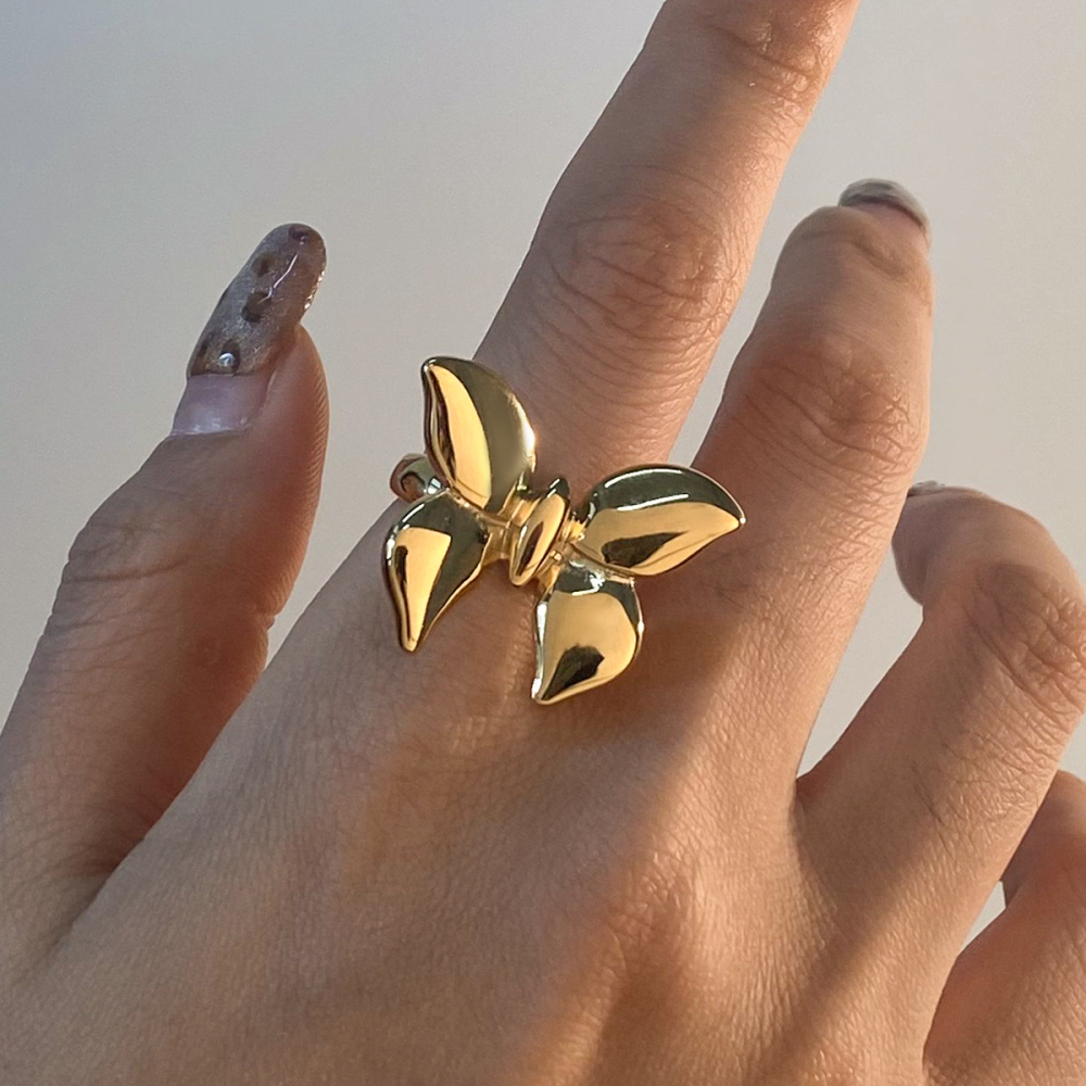 18K Gold Plated Stainless Steel Smooth Butterfly Ring Size 7 Vacuum Electroplating Butterfly Pattern Real Gold Coating
