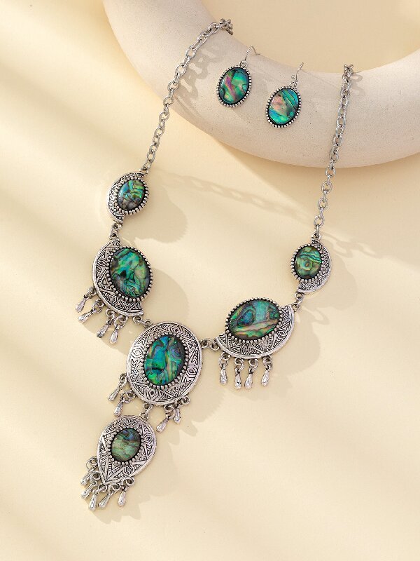 New Retro  Fashion Oval Flower Shape Abalone Shell Earrings Necklace Set Personalized Jewelry Accessories