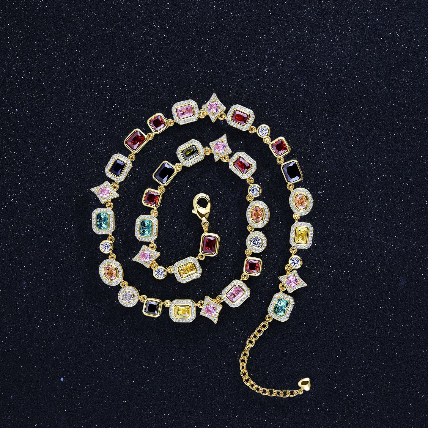 Colorful Gemstone Geometric Adjustable Women's Luxury Necklace Jewelry Hip Hop Dopamine Fashion Ins Diamond Embedded Light