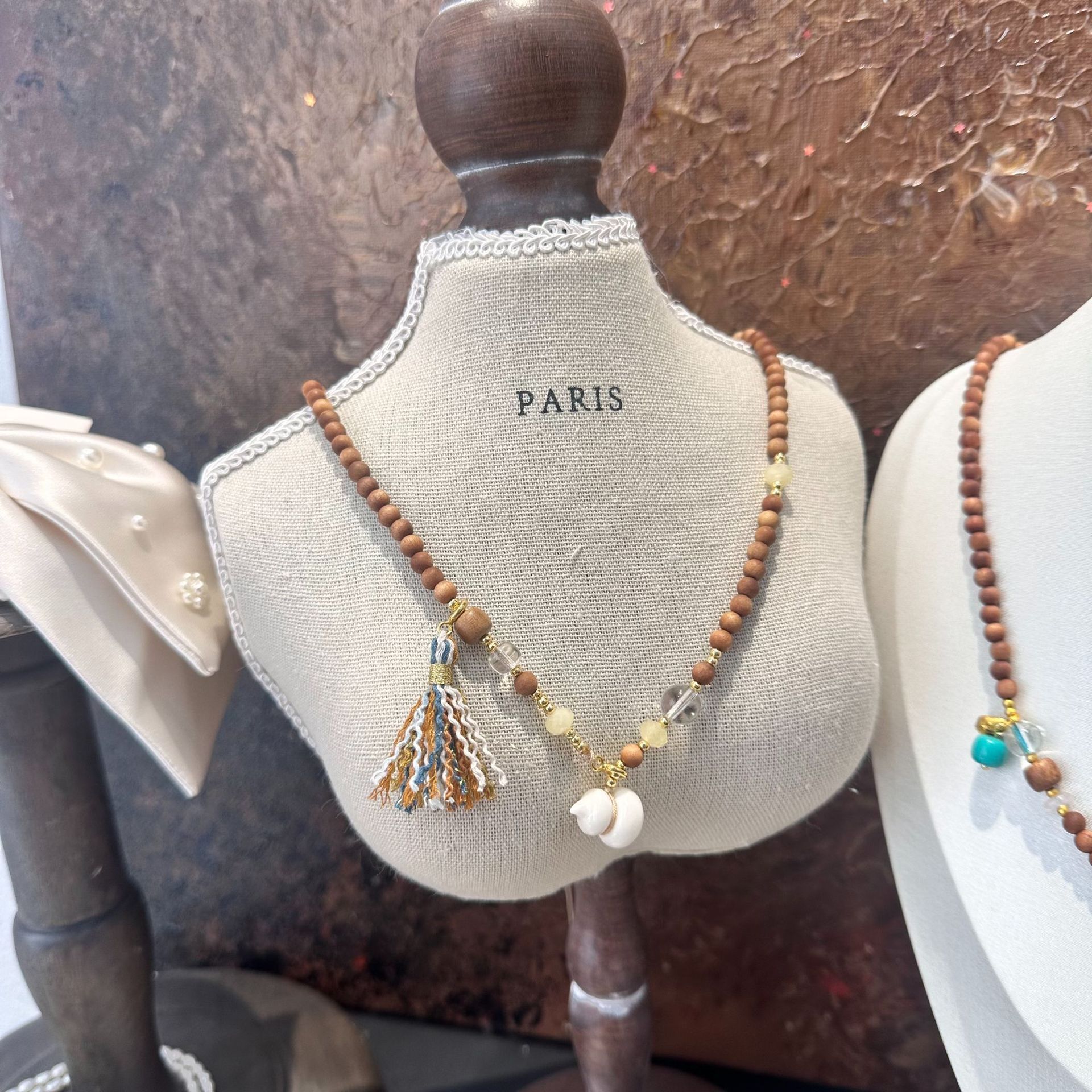 New Chinese Style Long Necklace With White Crystal Camel Bone Ivory Gourd Sandalwood Accessories Drawstring Design For Cheongsam