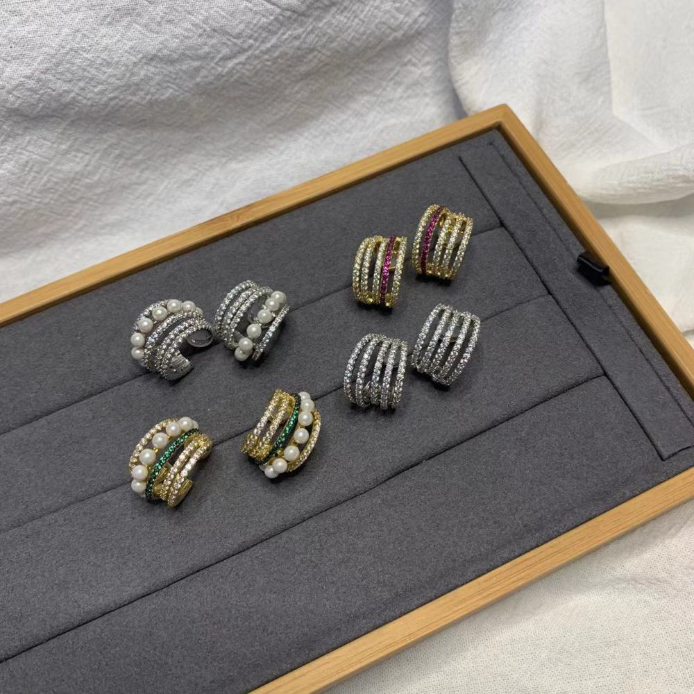 Elegant French Pearl Stud Earrings Women's Diamond Embedded Line Multi-circle Pearl Hoops Stylish Fashion Jewelry Accessories