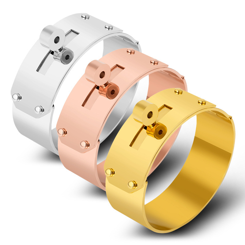 Fashionable Stainless Steel Bracelet Classic Wide 2.1cm Narrow 1.2cm Jewelry Geometric Pattern Vacuum Plated 18K Gold Gift