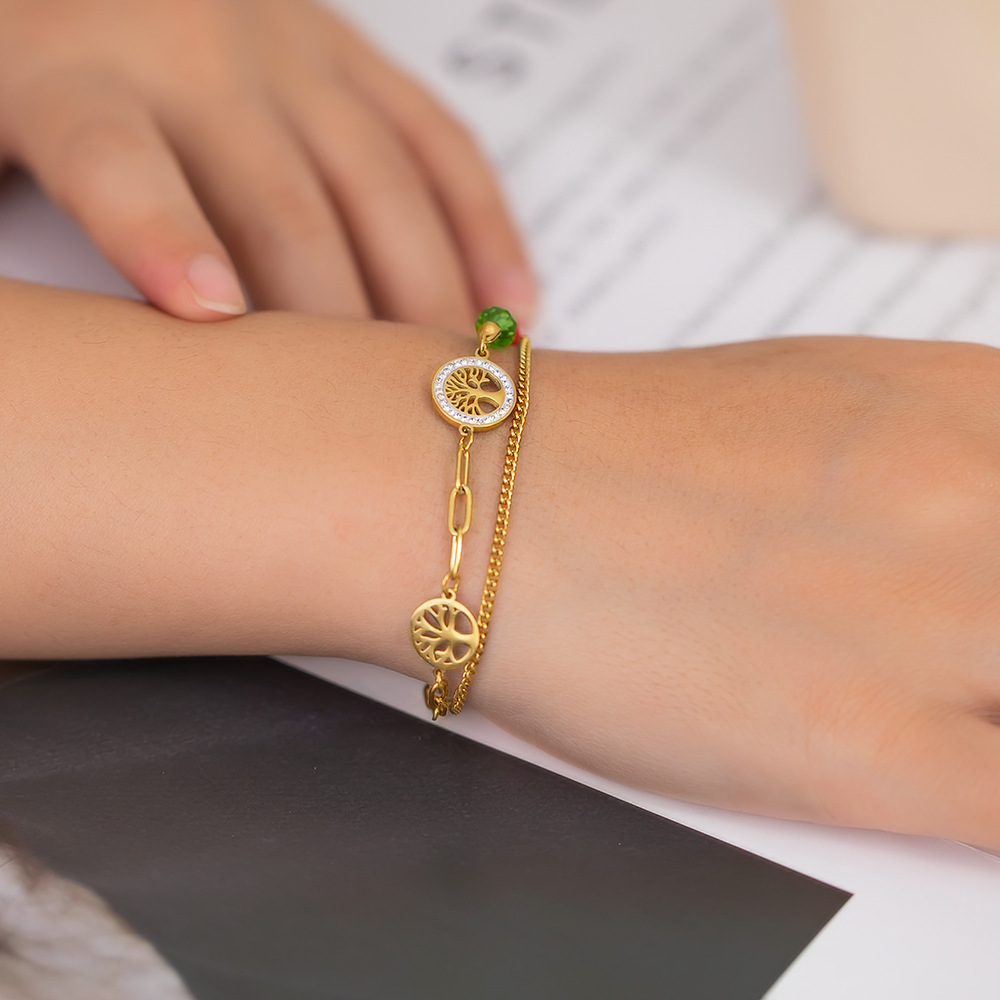 Double Layer Connected Irregular Round Colorful Beads Fashionable Luxury Retro Tree Of Life Bracelet For Women Titanium Steel