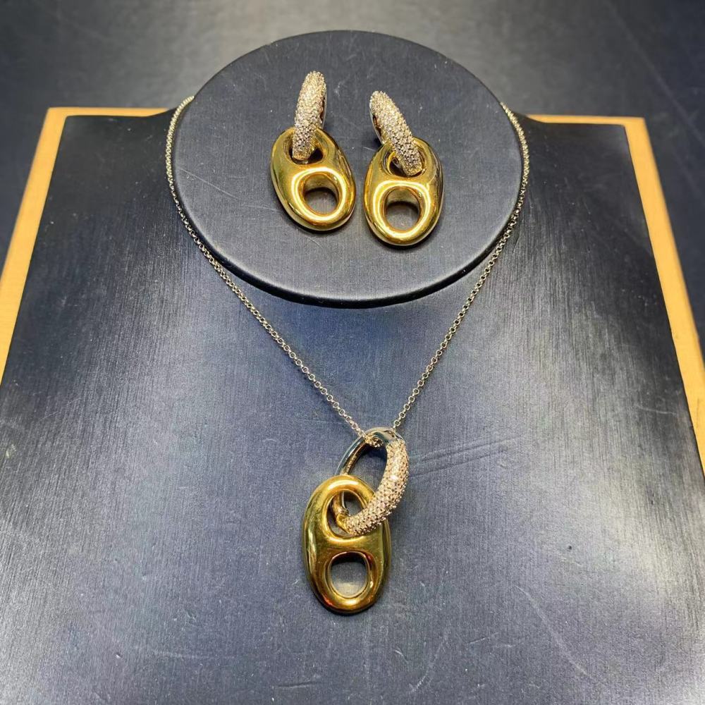 Gold Plated Pig Nose Earrings Women's Set Exaggerated Ear Jewelry Oval Necklace Delicate Clavicle Chain Simple Style Accessories