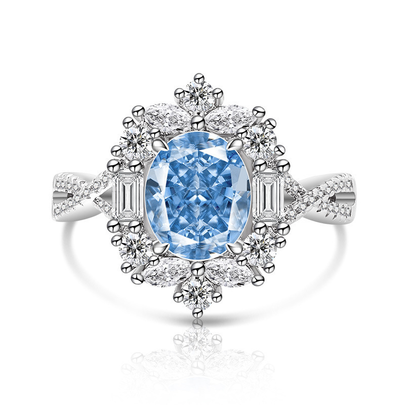 Luxurious High Carbon Diamond 7x9 Pigeon Egg Ice Flower Cut Plated Platinum Ring Fashion Geometric Pattern Live Direct Sale