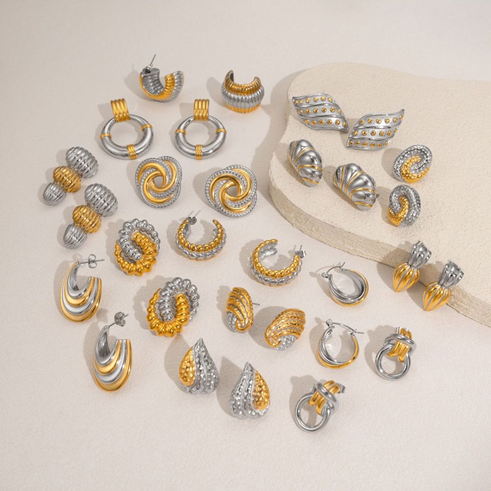 Fashionable Geometric Bohemian Earring Set Titanium Steel Gold Plated Silver Contrast Color Ladies Elegant Style Jewelry Accessories