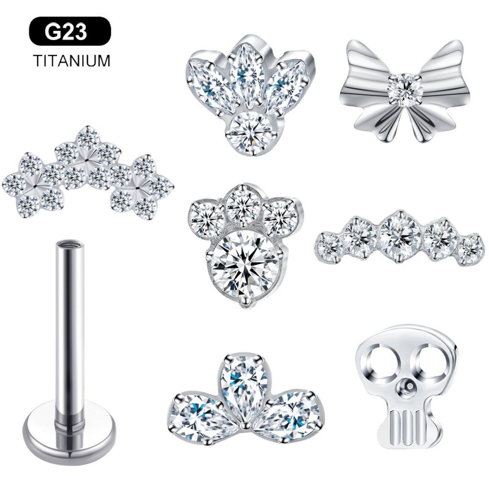 G23 Titanium Material Zircon Threaded Flat Back Earrings Ear Bone Stud Nose Stud Polished Piercing Jewelry Ear Accessories