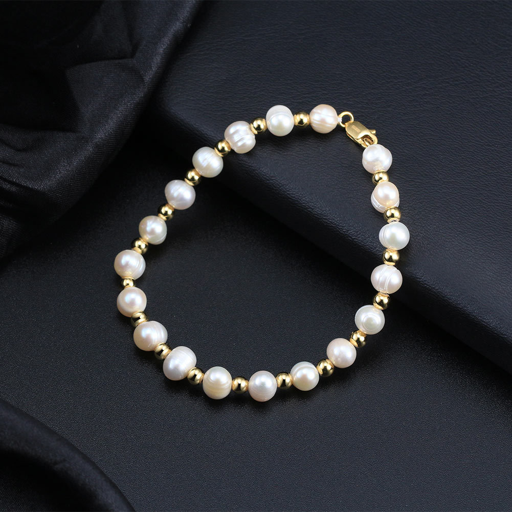 Men's Simple Style Solid Color Freshwater Pearl Sterling Silver Beaded Stone-Free Plated 14K Gold Plated Bracelets