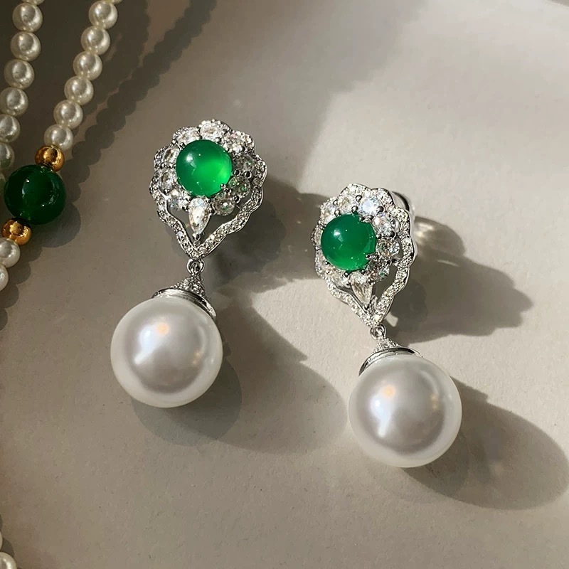 Natural Green Agate Pearl Drop Earrings Women's Luxury Unique Design High-End Sensation Court Style Jewelry Accessories