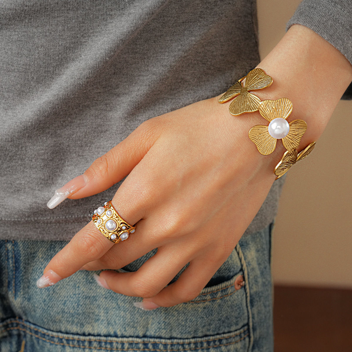 304 Stainless Steel Pearl Shell Starfish Open Ring Bracelet Beach Vacation Style Handmade Jewelry Accessories Flower Jewelry Set